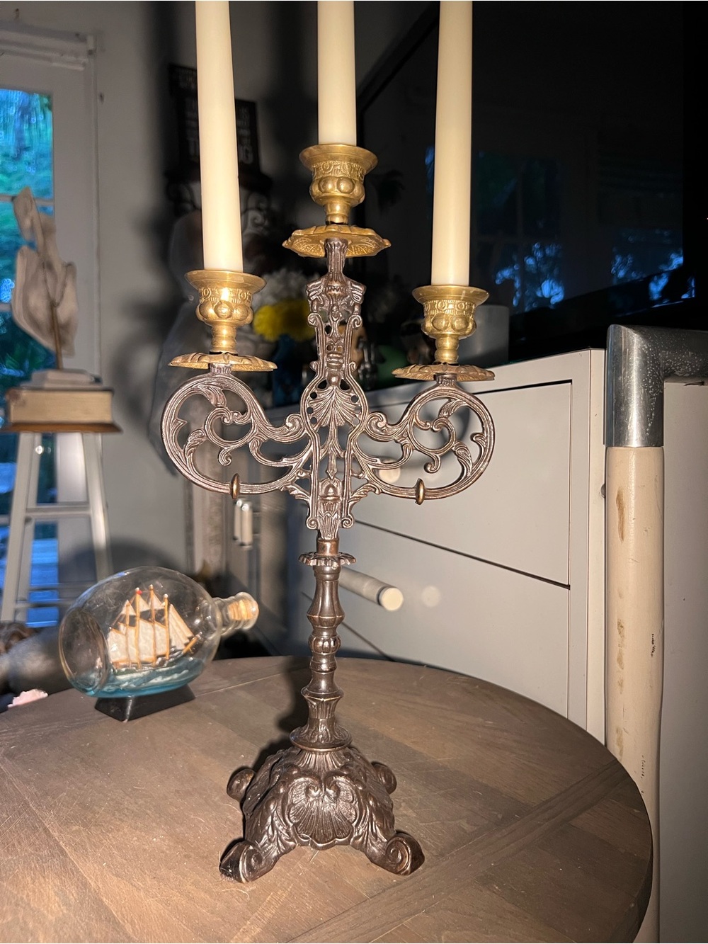 Antique-Style Ornate 3-Arm Metal Candelabra in Bronze and Gold Finish Price Firm